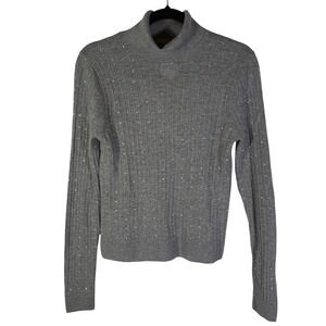 NWT J.Crew Womens 100% Cashmere Ribbed Mock Neck Crystal Sweater Gray Large